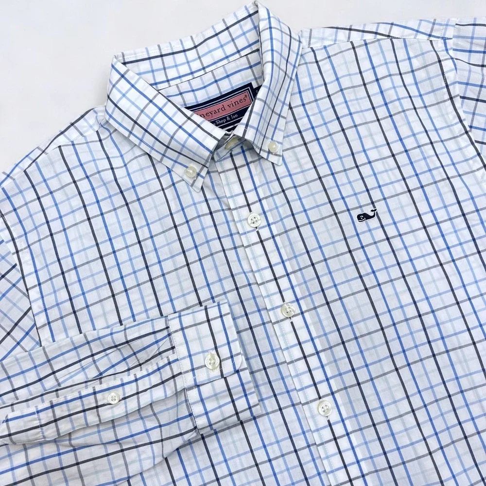 Vineyard Vines‎ Whale Shirt Men's XL (Fits Medium) Blue White Grid Button Down